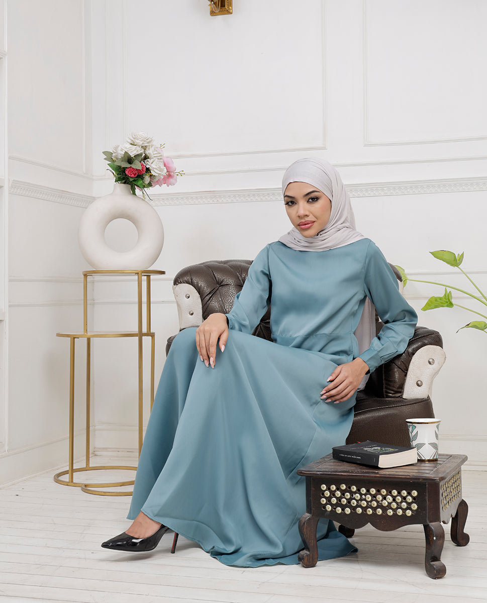 Front view of ocean adventure flared maxi dress – modest abaya design