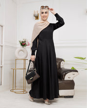 Front view of midnight black flared maxi dress – modest abaya design