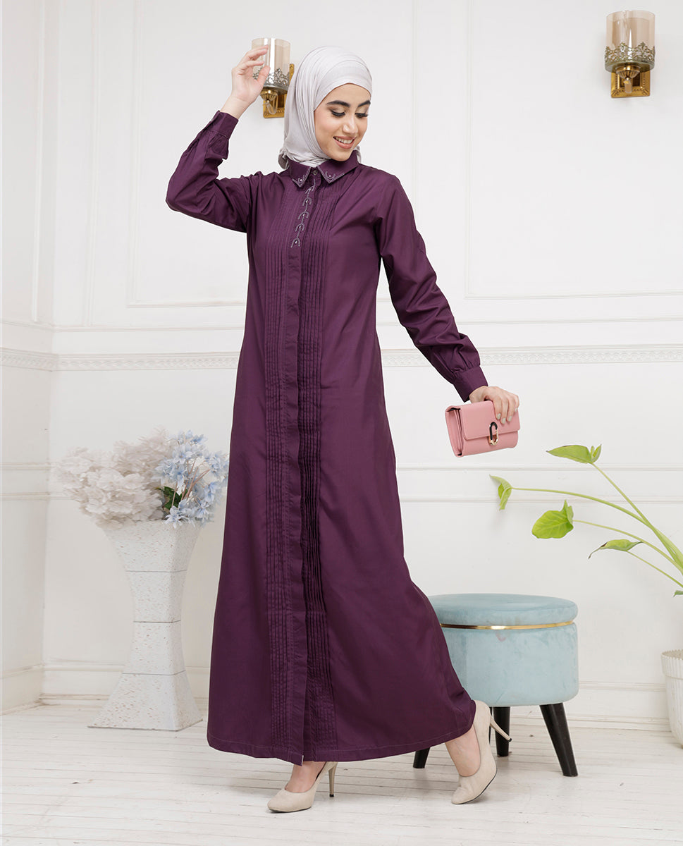 Front view of lavish purple pleated abaya – modest abaya design