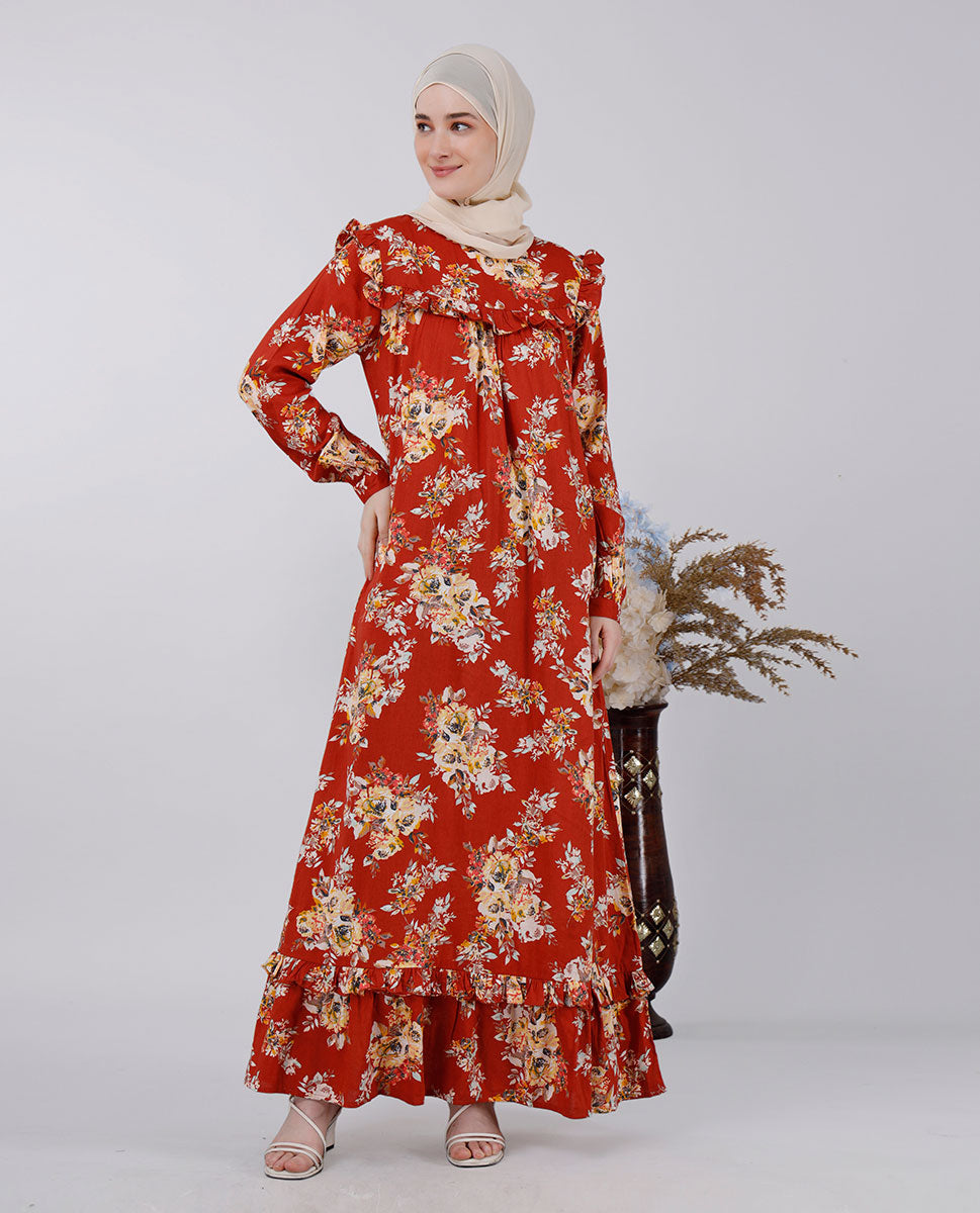 Front view of puffed shoulder floral print abaya - lavender – modest abaya design