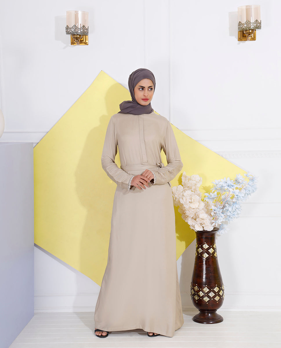 Front view of sepia hue belted jilbab – modest abaya design