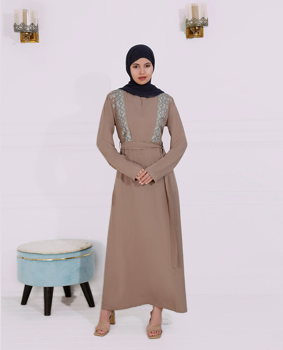 Front view of british tan embroidered abaya – modest abaya design