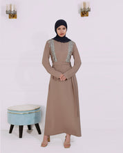 Front view of british tan embroidered abaya – modest abaya design