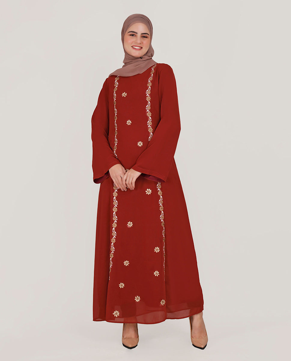 Front view of royal rust fine embroidery abaya – modest abaya design