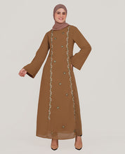 Front view of ripe olive fine embroidery abaya – modest abaya design