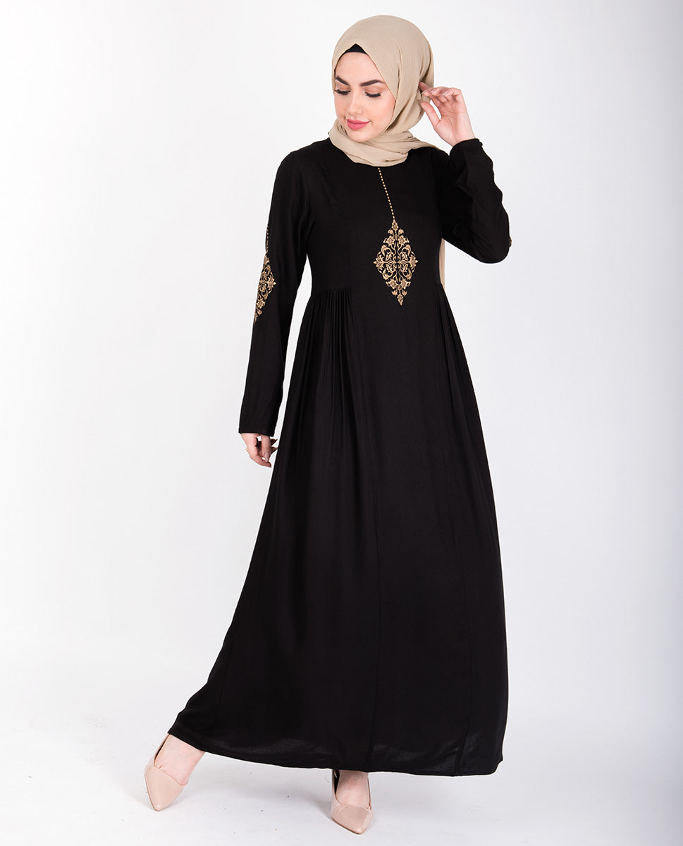 Front view of black gold diamond embroidery abaya – modest abaya design