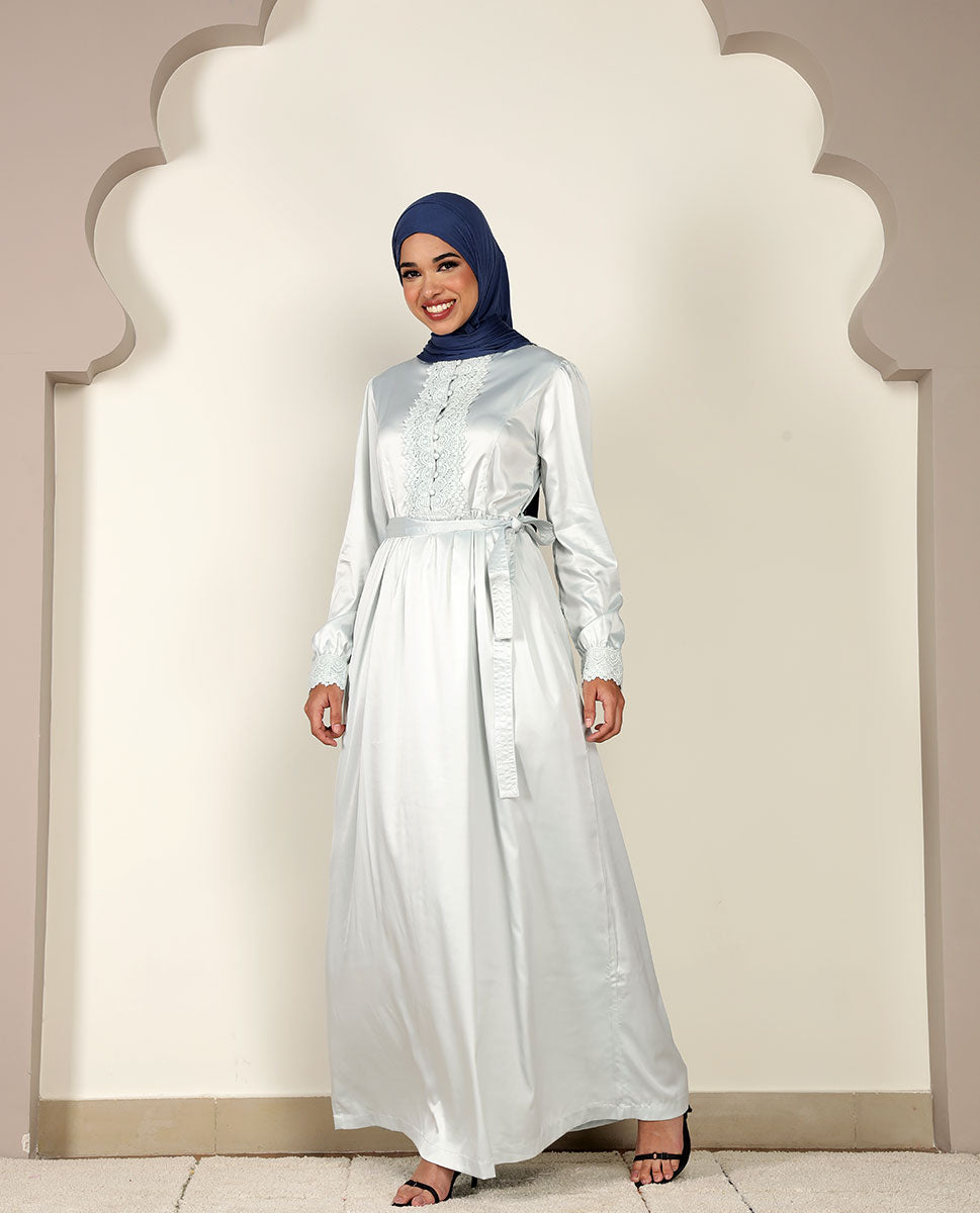 Front view of sage green laced maxi dress – modest abaya design