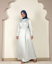 Front view of sage green laced maxi dress – modest abaya design