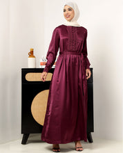 Front view of royal maroon laced maxi dress – modest abaya design