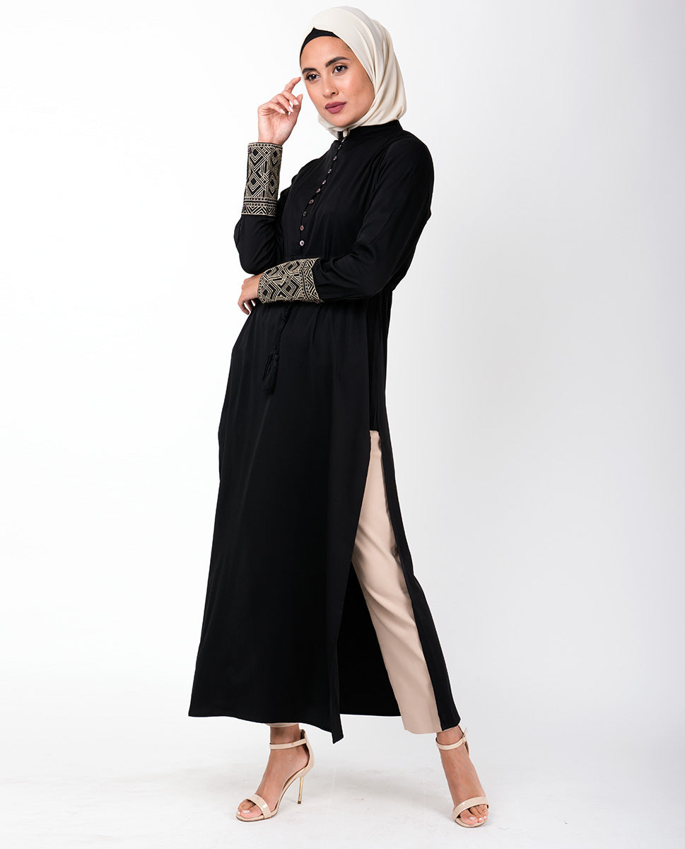 Black Long Side Slit Gathered Waist Midi