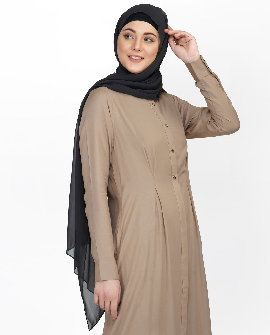 Curved Collar Slim Waist Brown Abaya