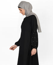 Pearl Embellished Black Puffed Sleeve Abaya