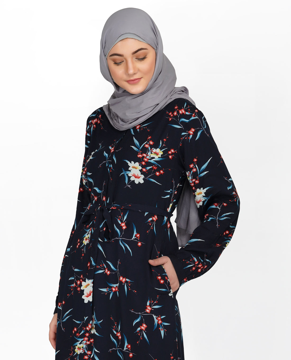 Deep Navy Floral V Neck Abaya