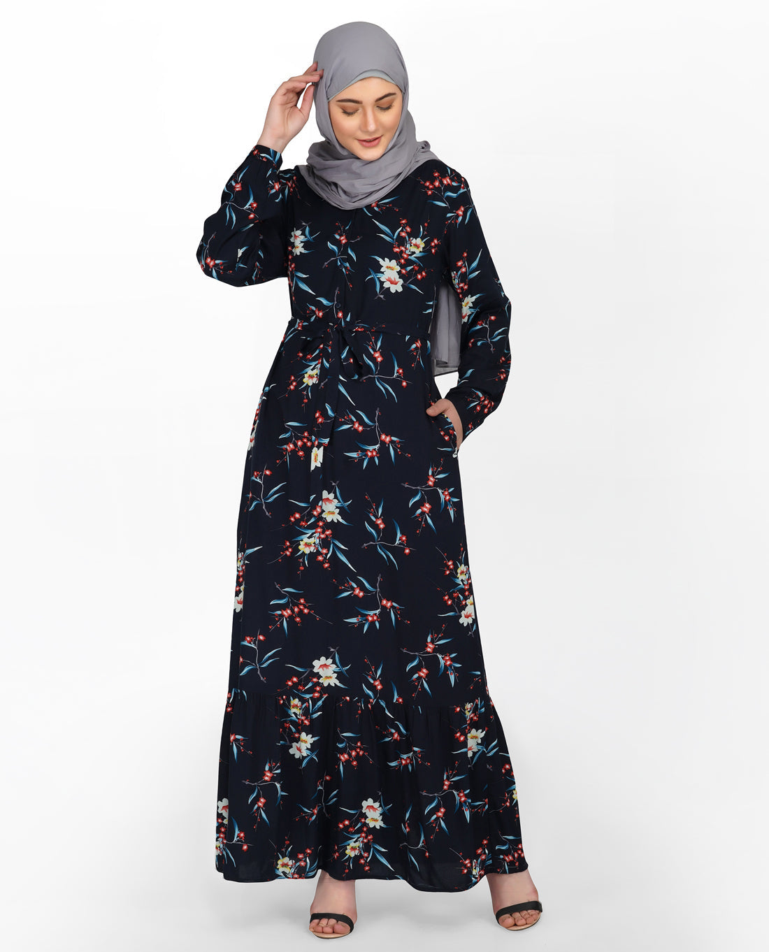 Deep Navy Floral V Neck Abaya