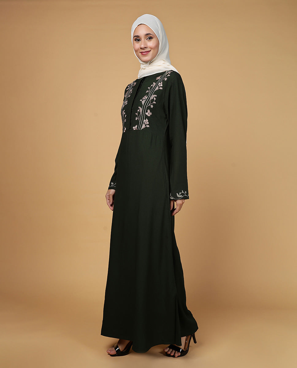 Threadplay Bottle Green Embroidered Abaya