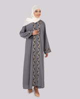 Silver Ash Embroidered Full Front Open Abaya