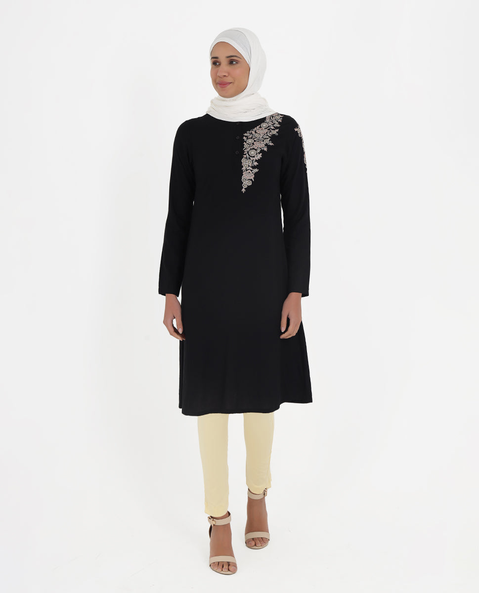 Midnight Black Rayon Embroidered Top