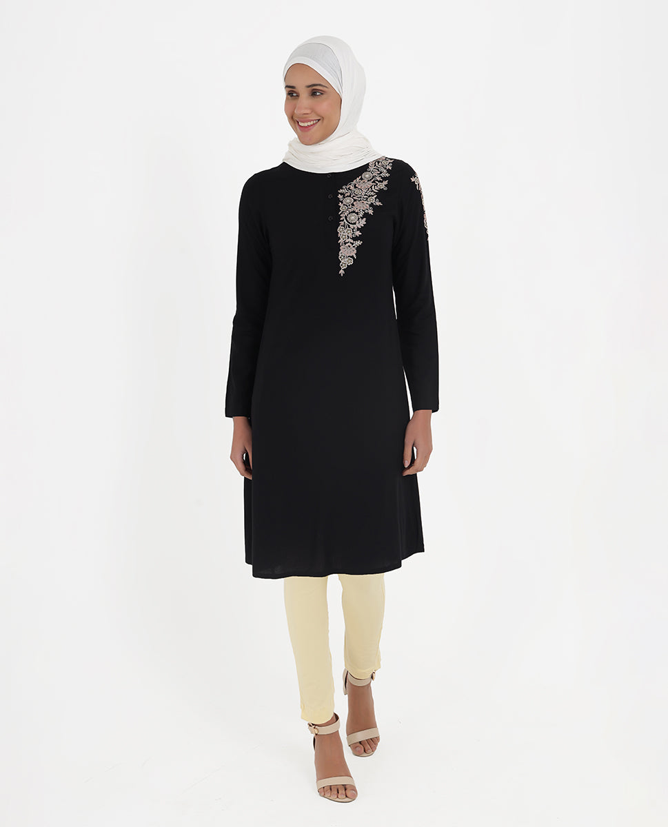Midnight Black Rayon Embroidered Top