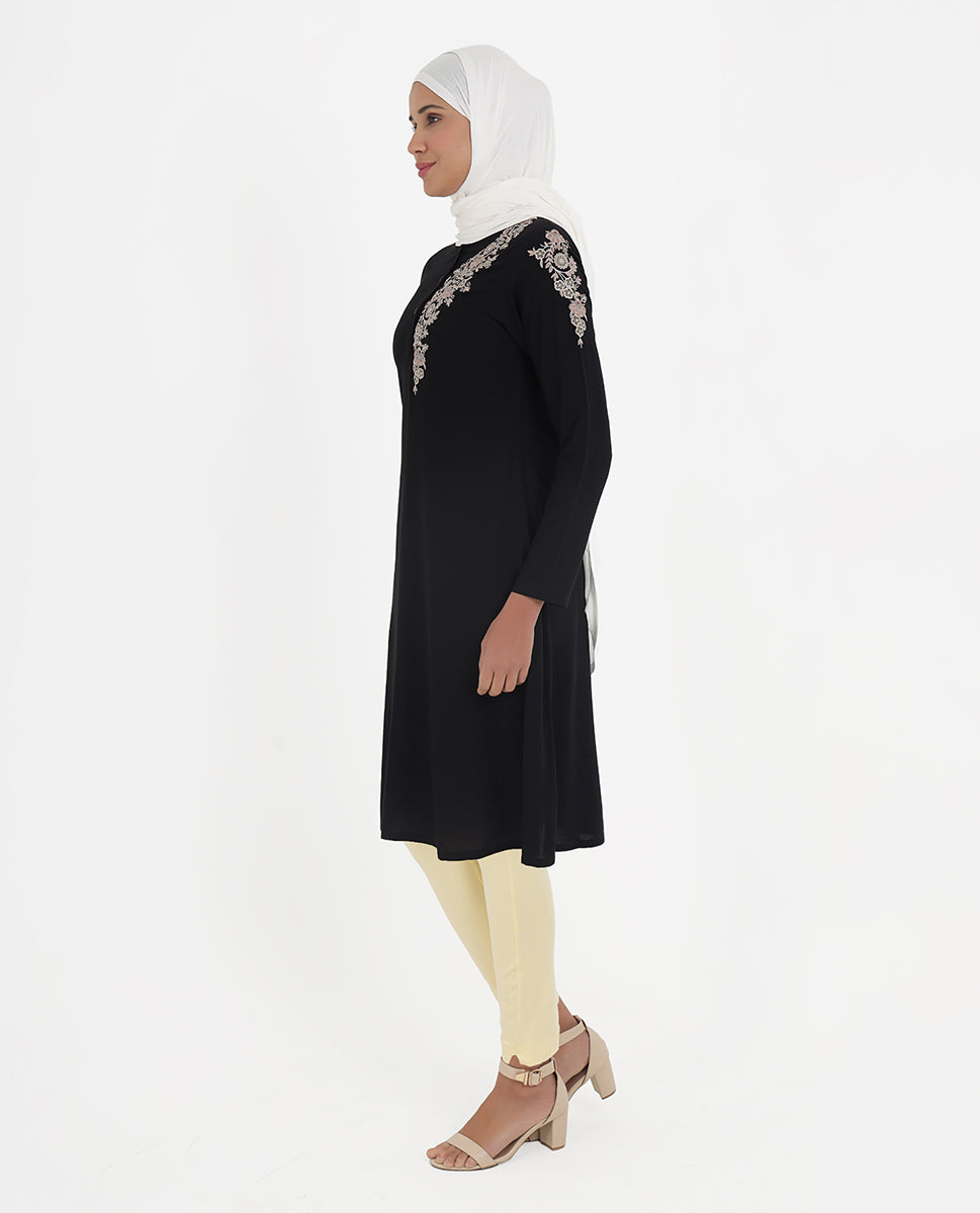Midnight Black Rayon Embroidered Top