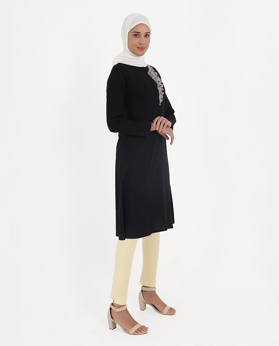 Midnight Black Rayon Embroidered Top