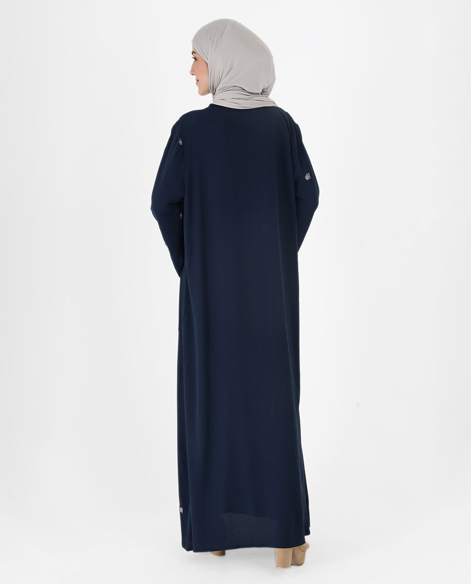 Navy Blue Floral Open Abaya