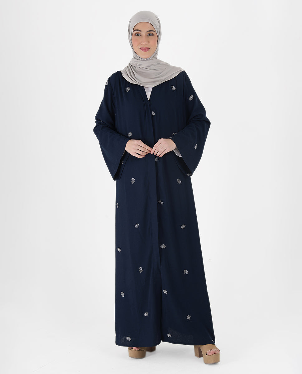 Navy Blue Floral Open Abaya