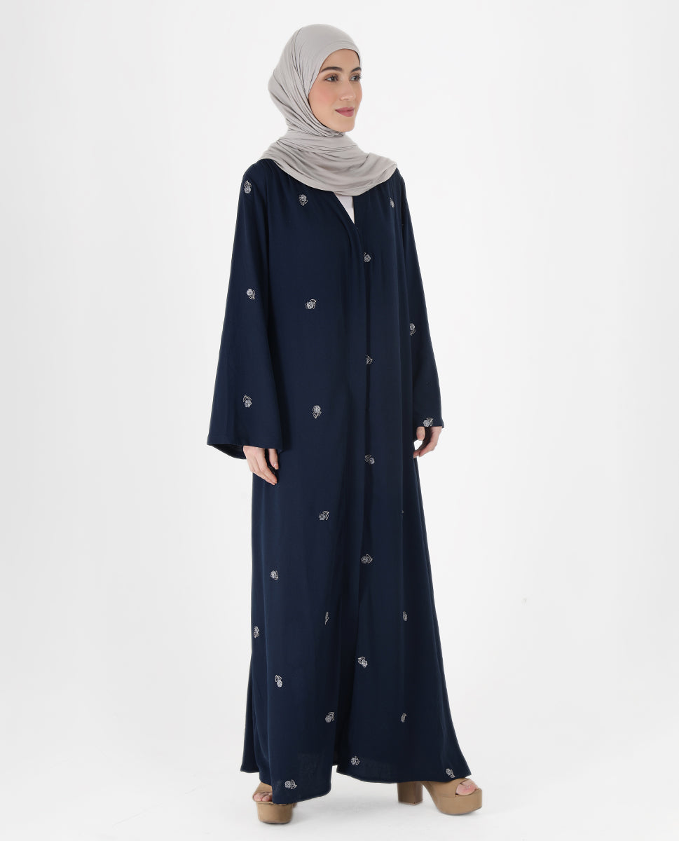 Navy Blue Floral Open Abaya