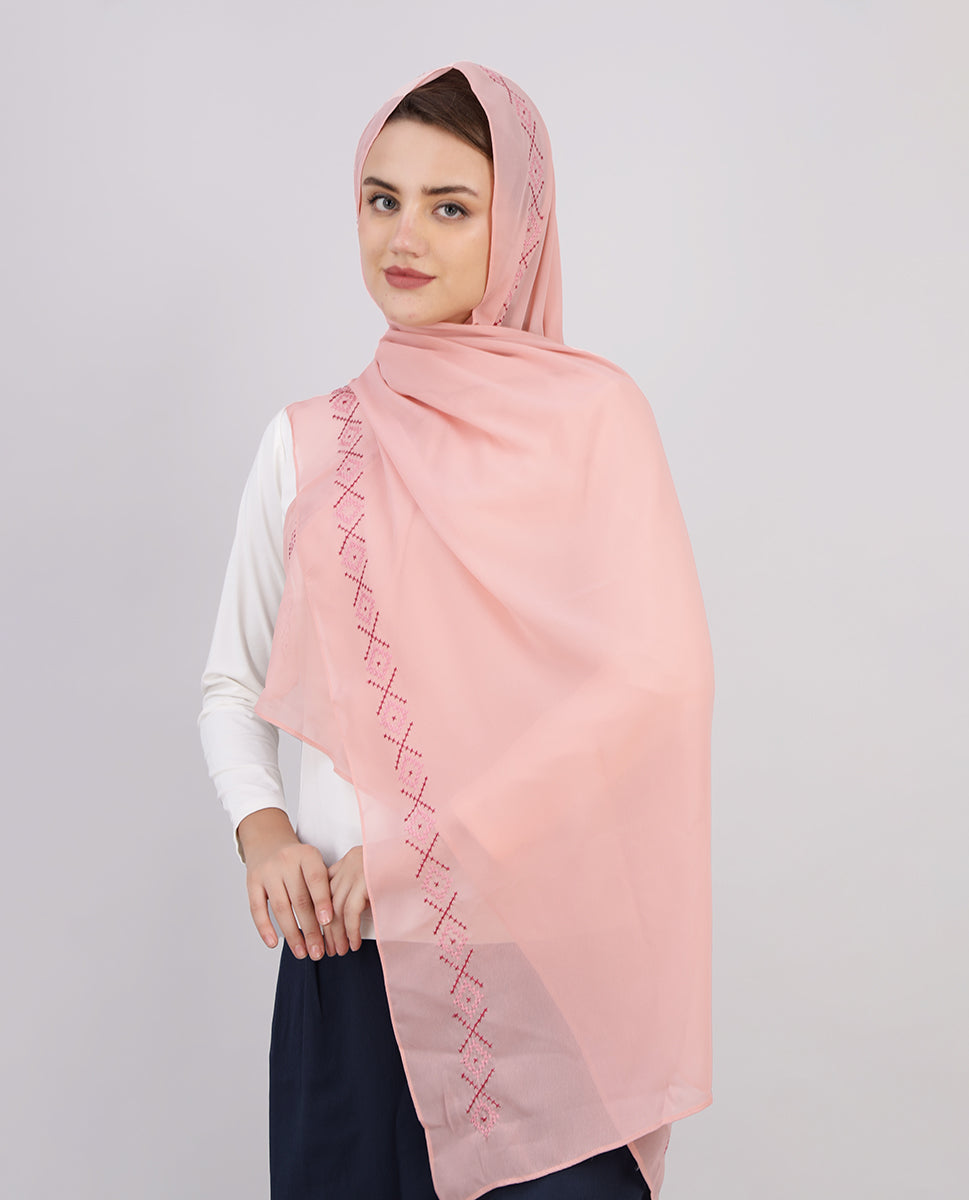 Blush Blossom Embroidered Poly Georgette Scarf