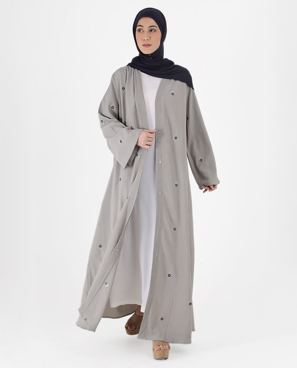 Mist Grey Floral Open Abaya
