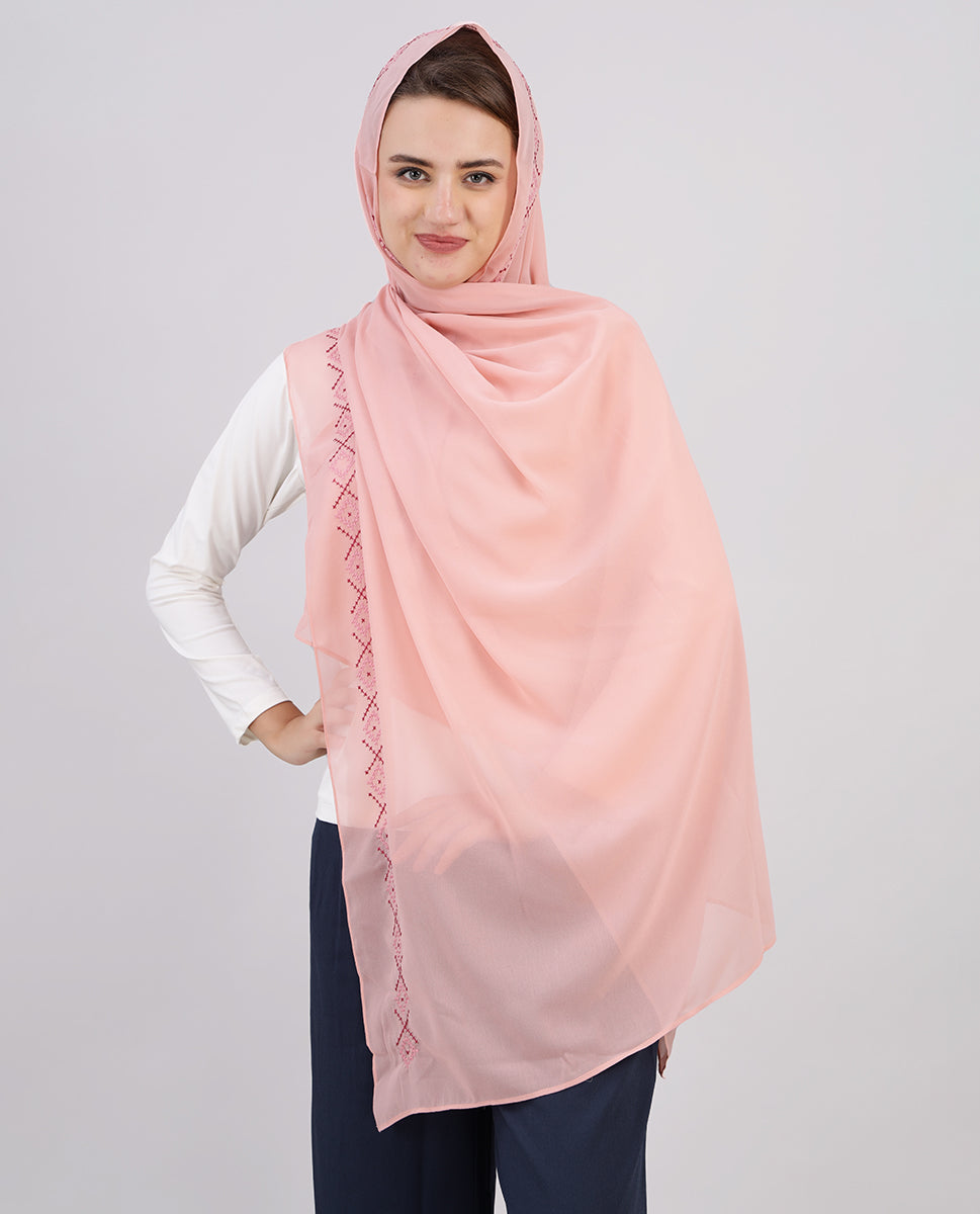 Blush Blossom Embroidered Poly Georgette Scarf