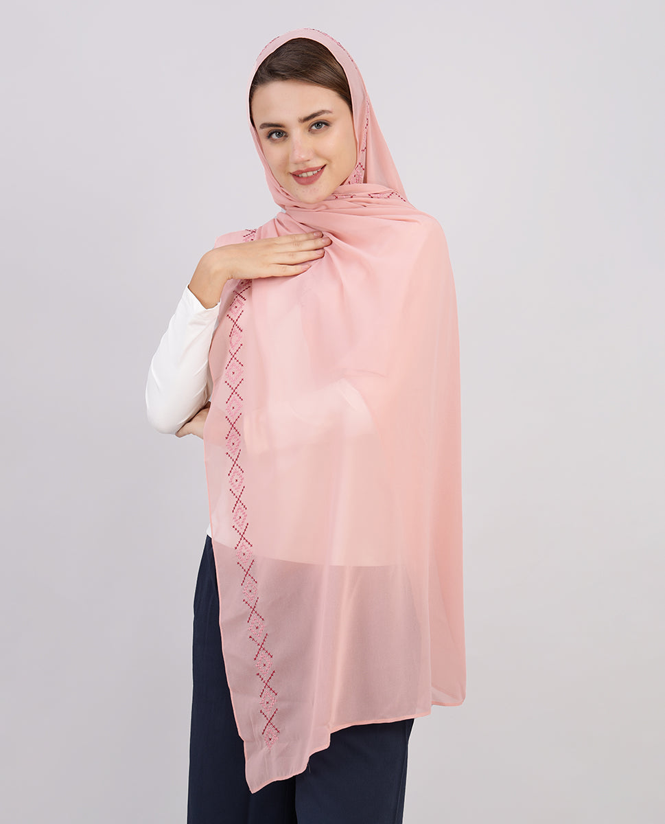 Blush Blossom Embroidered Poly Georgette Scarf