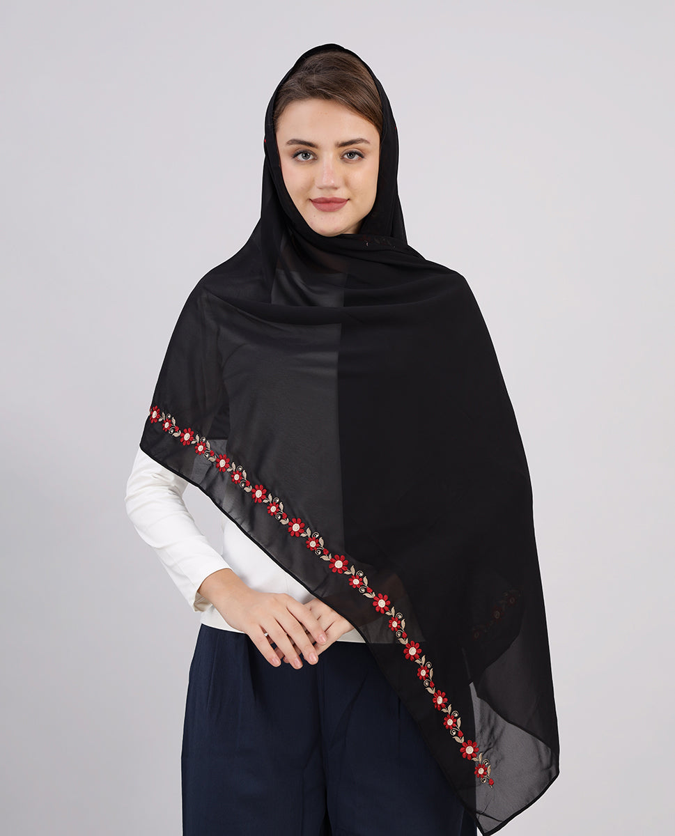 Midnight Blossom Embroidered Poly Georgette Scarf