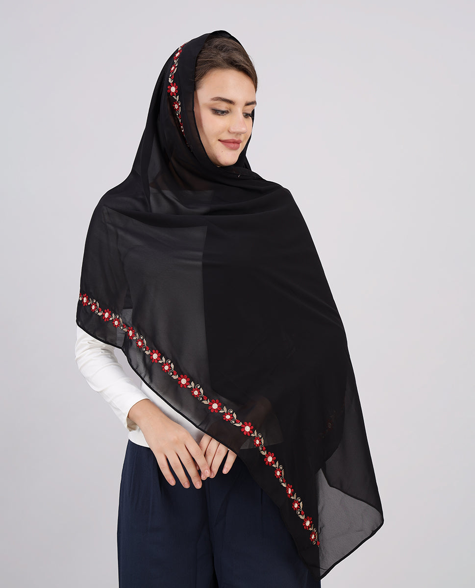 Midnight Blossom Embroidered Poly Georgette Scarf