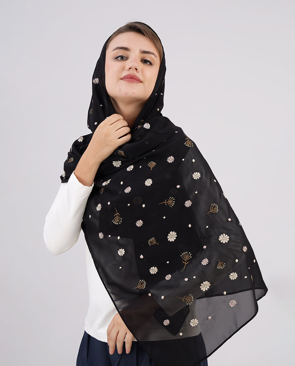 Midnight Bloom Embroidered Poly Georgette Scarf