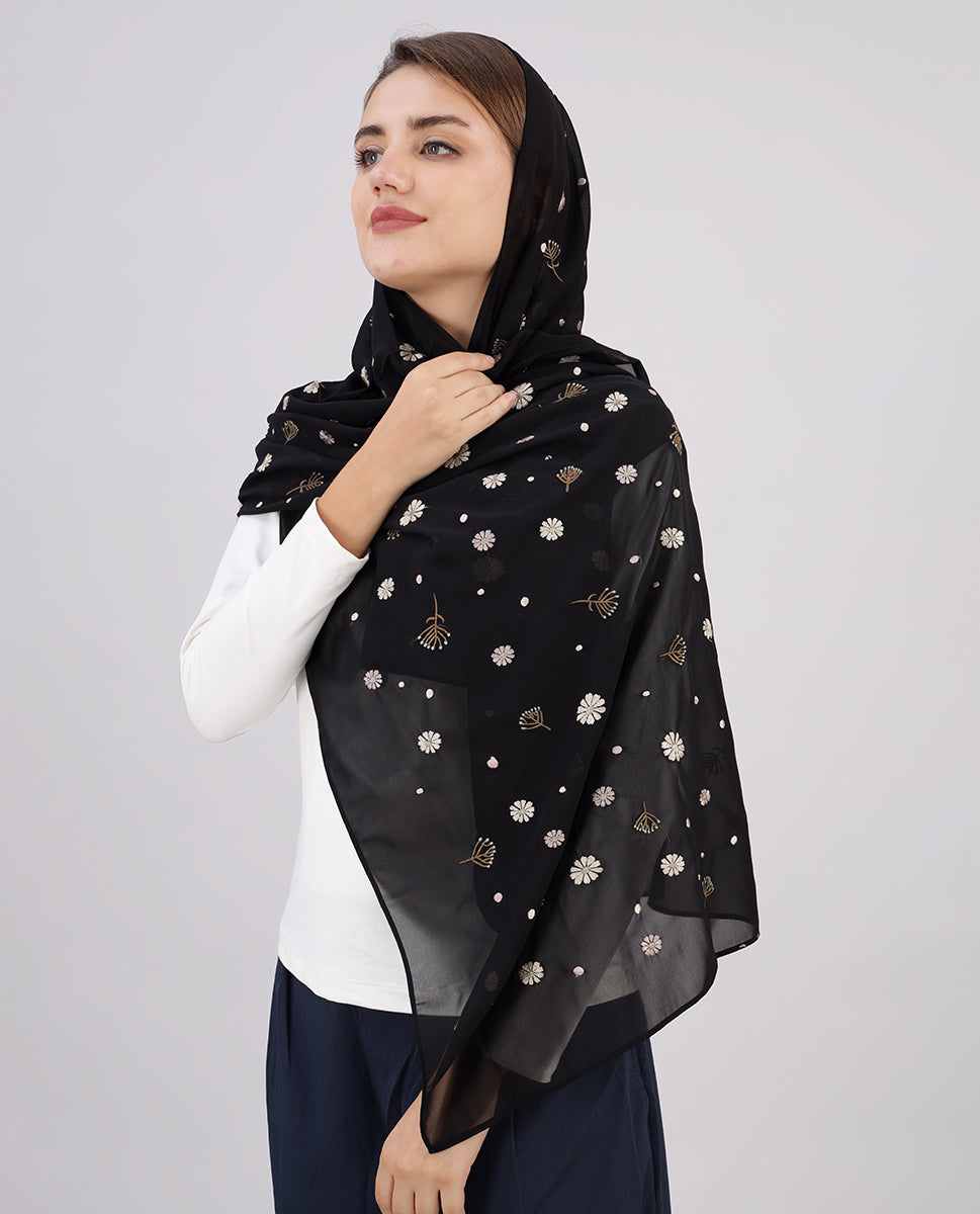 Midnight Bloom Embroidered Poly Georgette Scarf