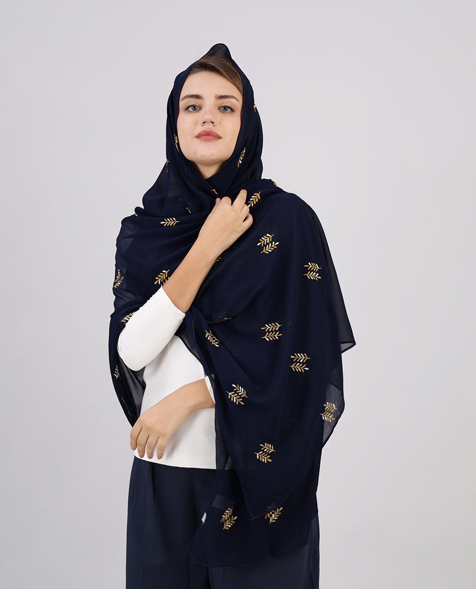 Blue Field Embroidered Poly Georgette Scarf