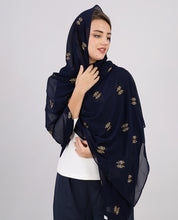 Blue Field Embroidered Poly Georgette Scarf