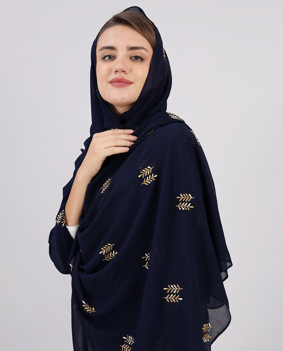 Blue Field Embroidered Poly Georgette Scarf