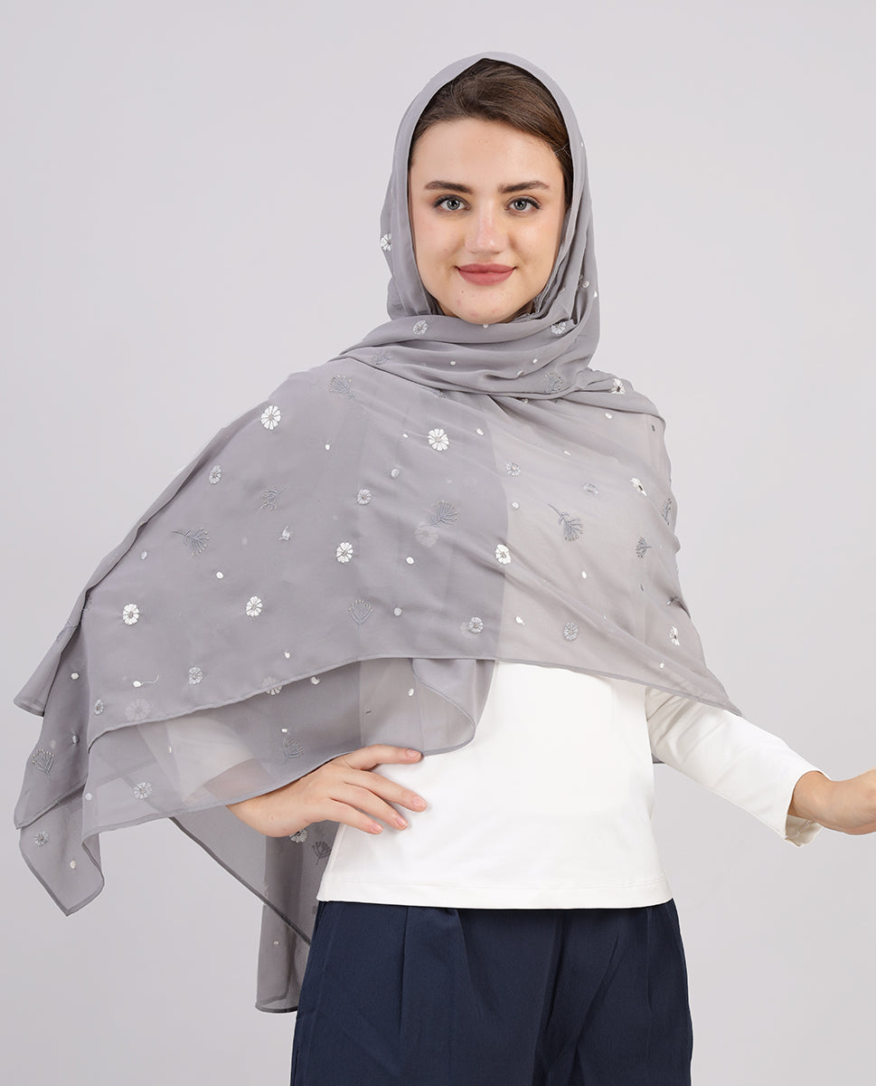 Whispering Grey Embroidered Poly Georgette Scarf"