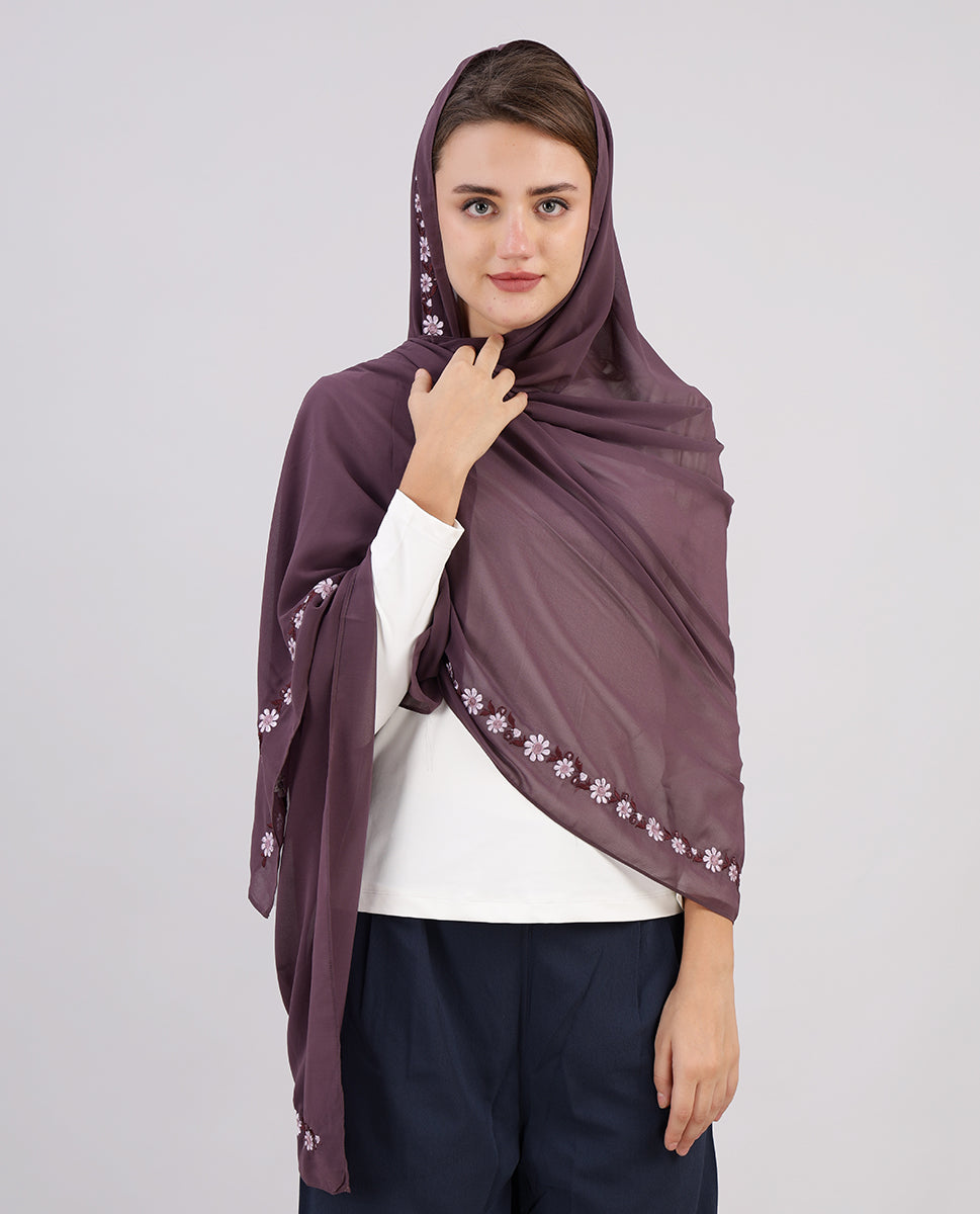 Purple Bloom Embroidered Poly Georgette Scarf