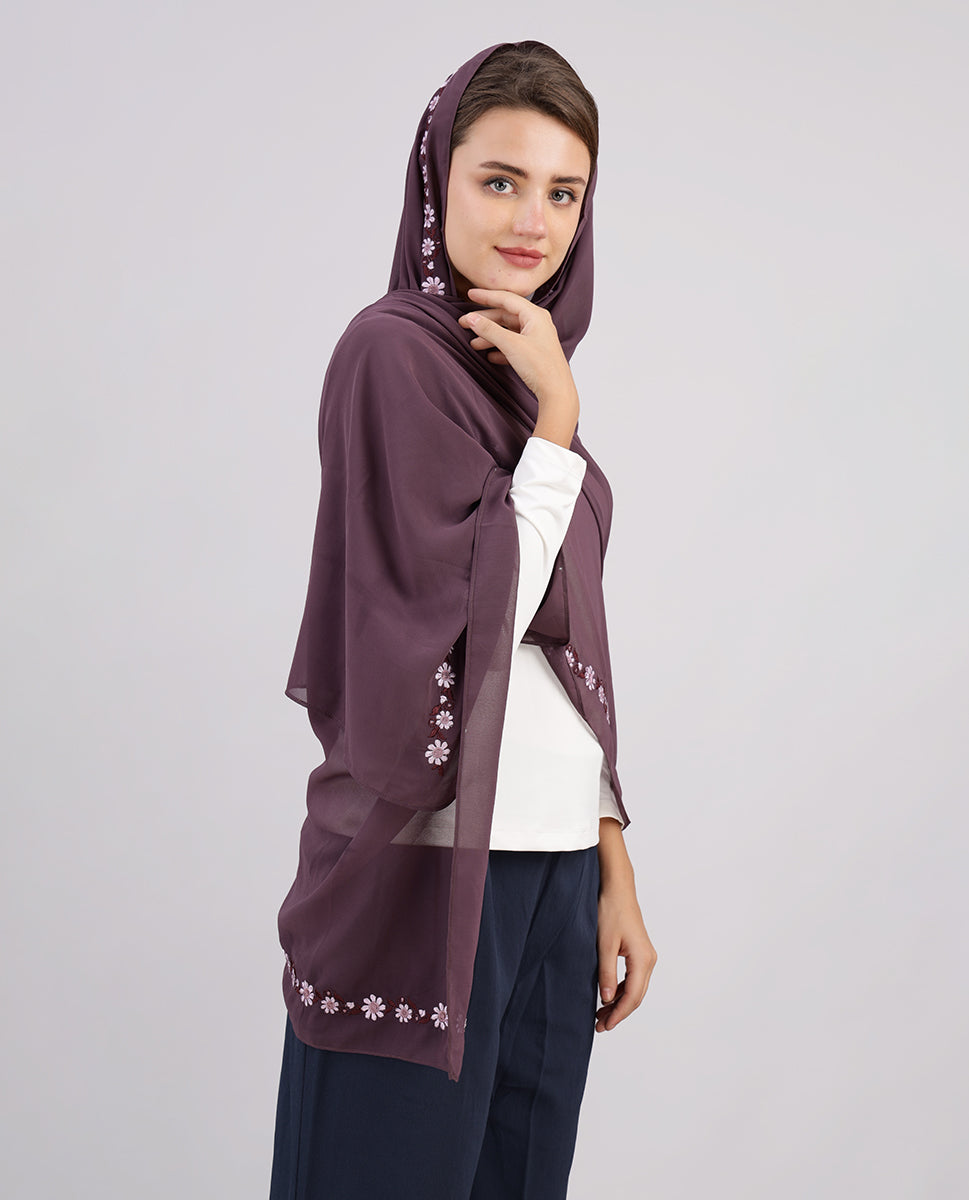 Purple Bloom Embroidered Poly Georgette Scarf