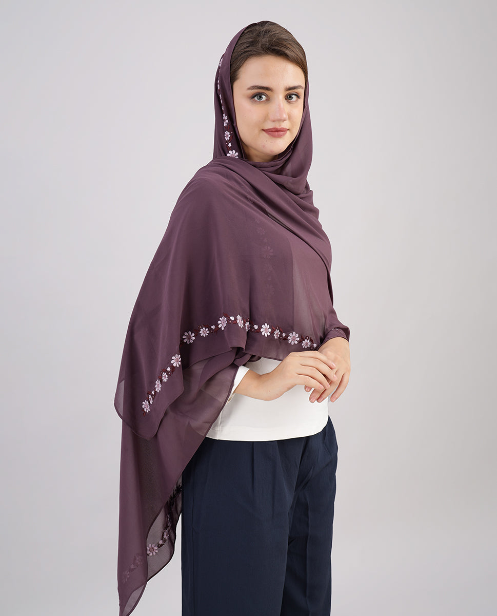 Purple Bloom Embroidered Poly Georgette Scarf