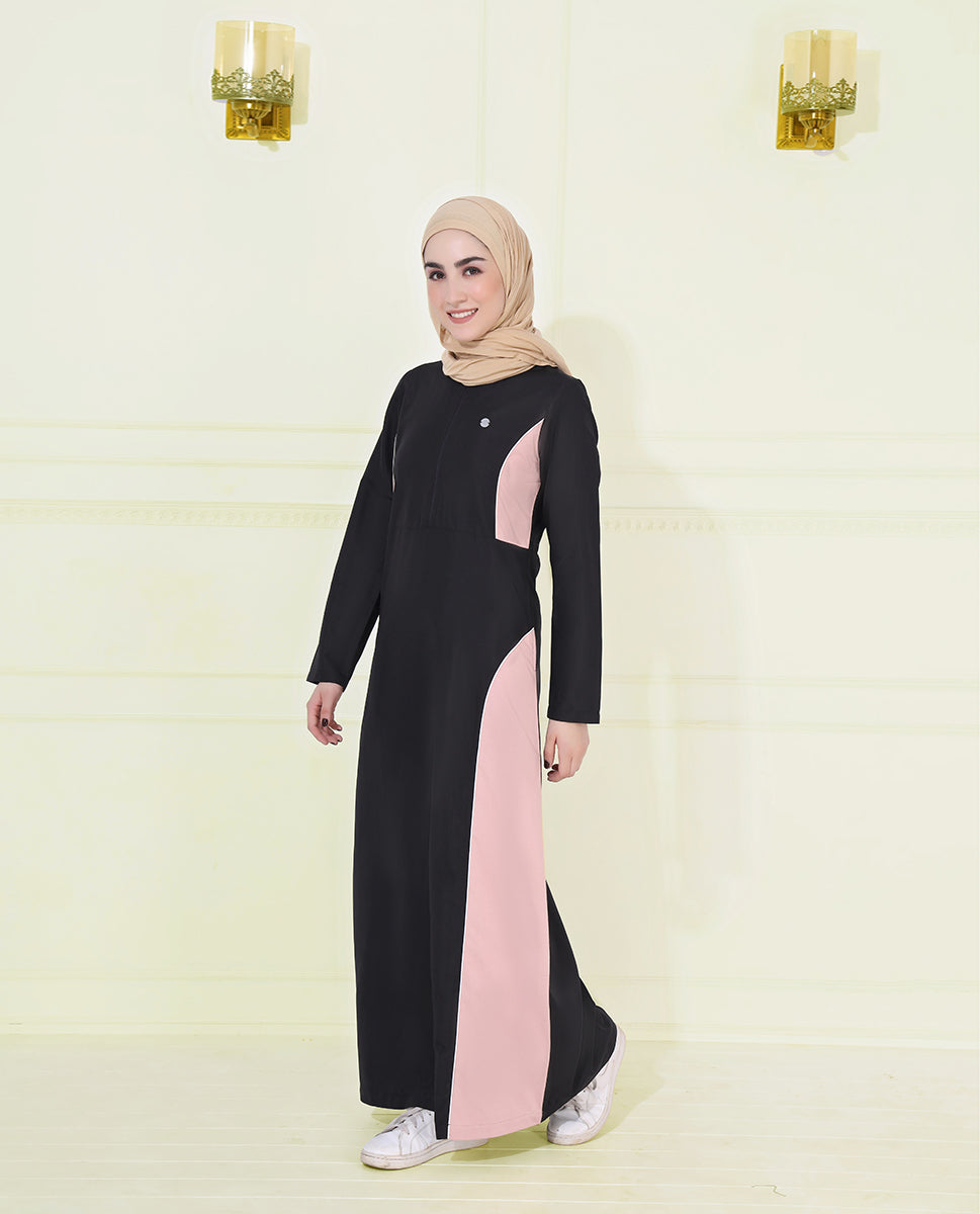 Black and Cherry Pink Contrast Panel Jilbab