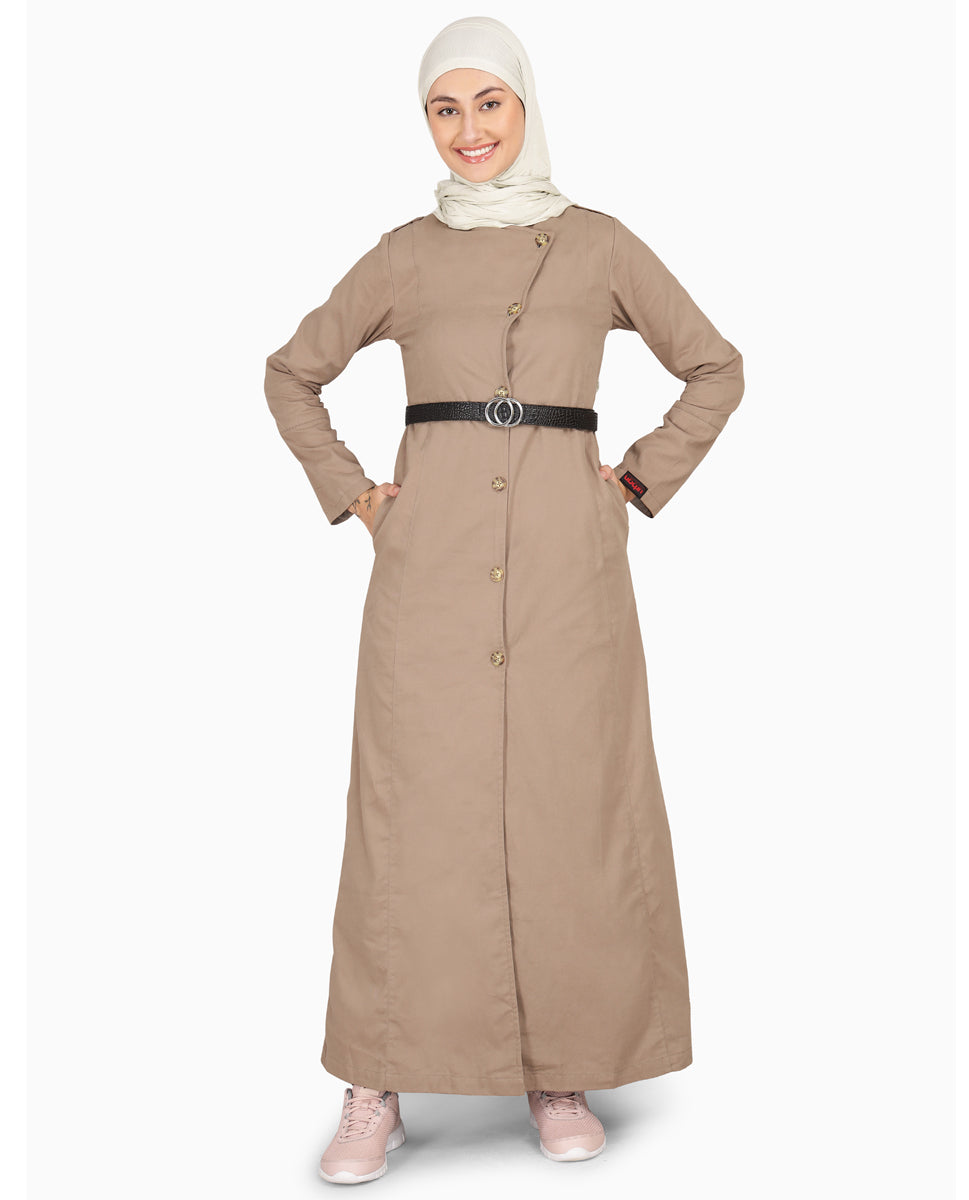 Brown Fungi Coat Style Belted Winter Jilbab, urban abaya, jilbab, modest wear, Islamic dress, long dress