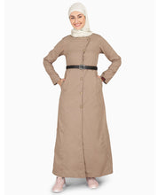 Brown Fungi Coat Style Belted Winter Jilbab, urban abaya, jilbab, modest wear, Islamic dress, long dress