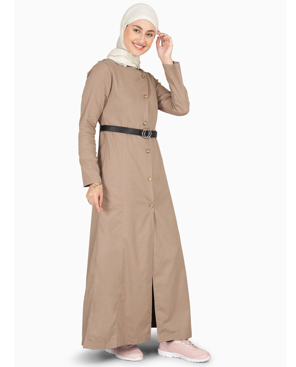 Brown Fungi Coat Style Belted Winter Jilbab, urban abaya, jilbab, modest wear, Islamic dress, long dress
