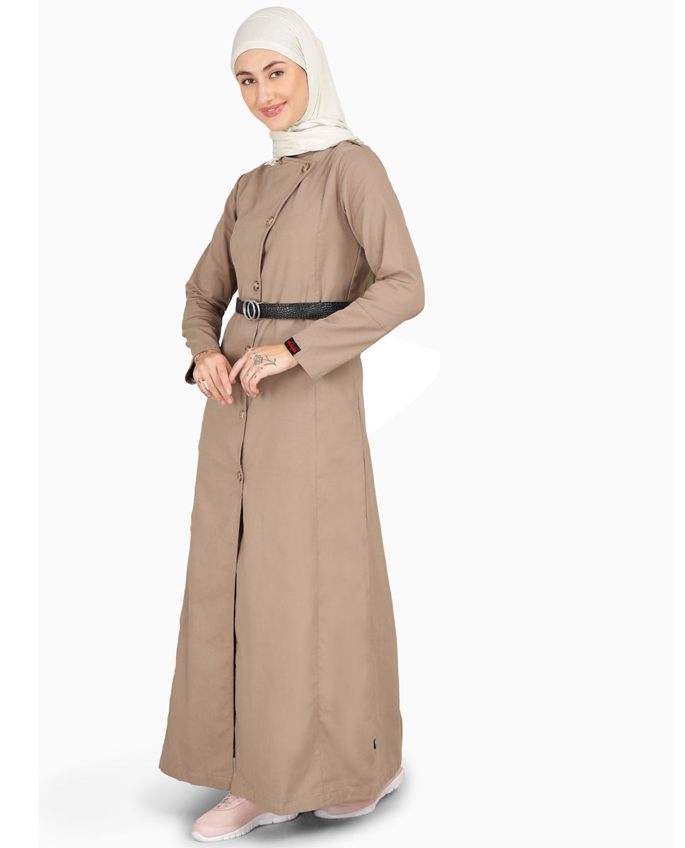 Brown Fungi Coat Style Belted Winter Jilbab, urban abaya, jilbab, modest wear, Islamic dress, long dress