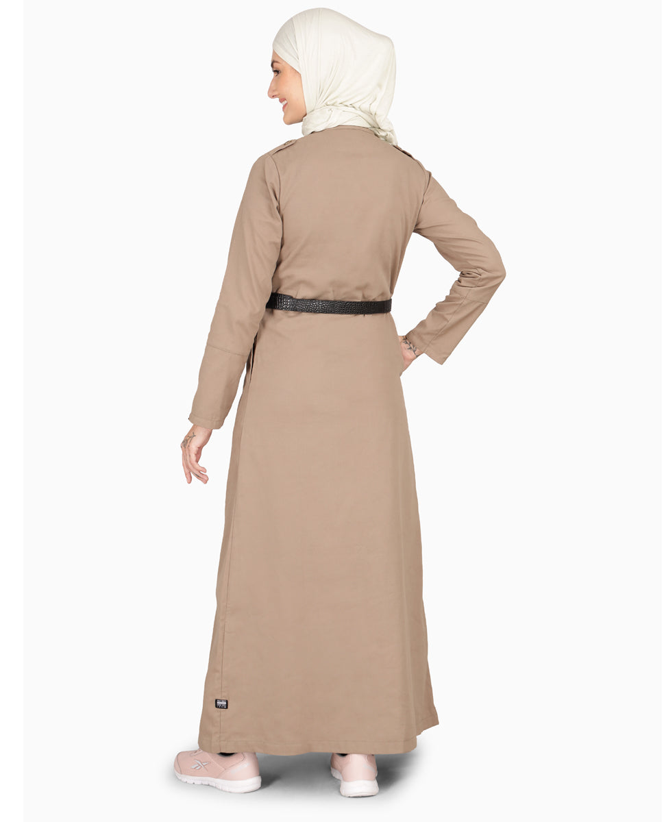 Brown Fungi Coat Style Belted Winter Jilbab, urban abaya, jilbab, modest wear, Islamic dress, long dress