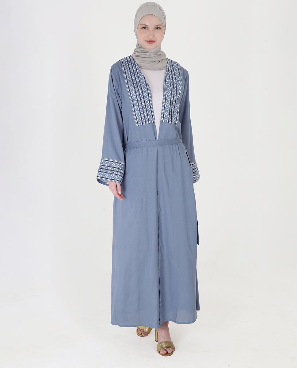 Celestial Blue Embroidered Open Abaya