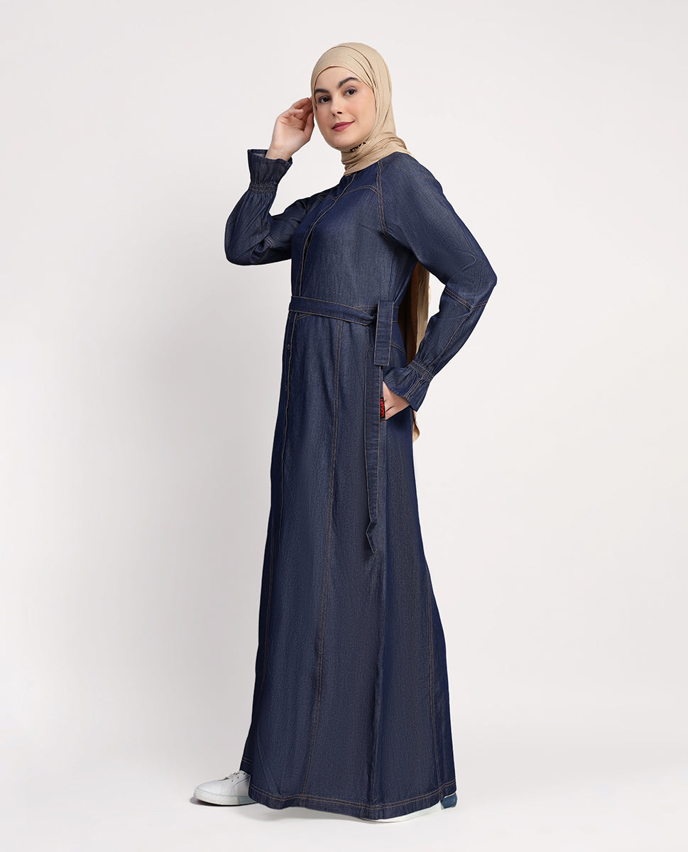 Urban Grace Smoking Detail Sleeves Abaya- Navy Blue